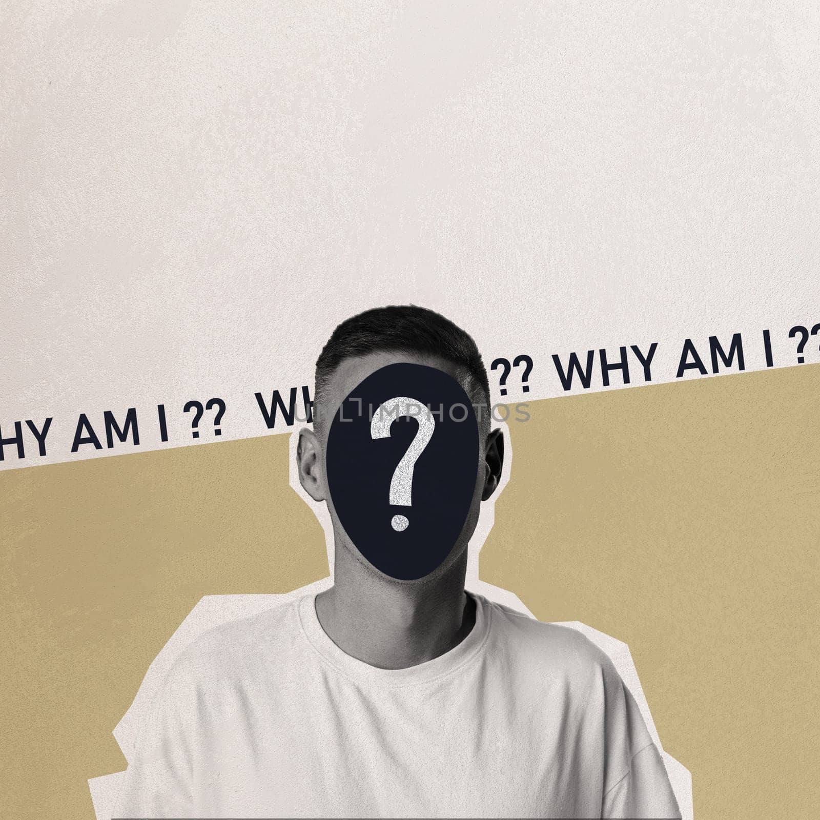 A figure stands against a minimalist background, featuring a head without a face, symbolizing introspection and existential queries. The text Why am I suggests deep thought.