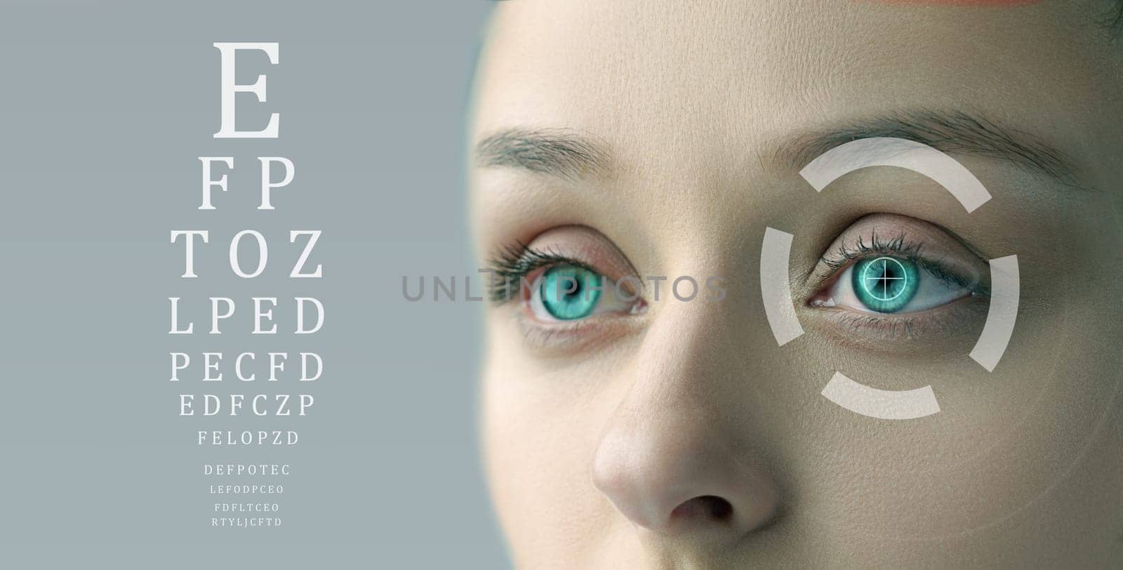 A woman is undergoing a high-tech eye examination, highlighting the use of digital tools for precise vision assessment and analysis in a modern clinical setting.