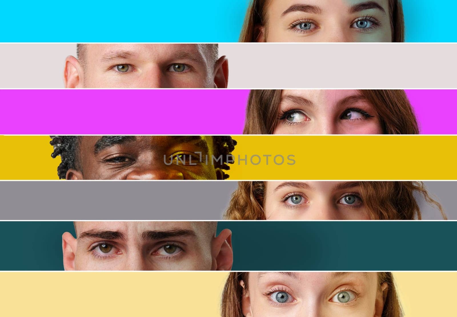 A creative composition displays the eyes and upper faces of a diverse group of individuals against a backdrop of bright, contrasting colors. This artwork emphasizes uniqueness and identity.