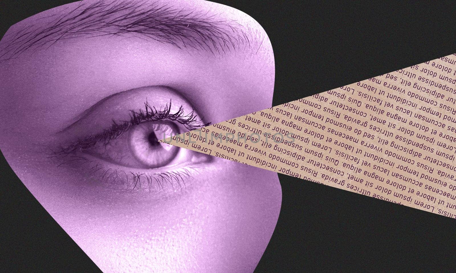 A close-up of an eye features a projection of text emerging from the pupil. This artistic representation emphasizes themes of perception and the importance of information in modern society.