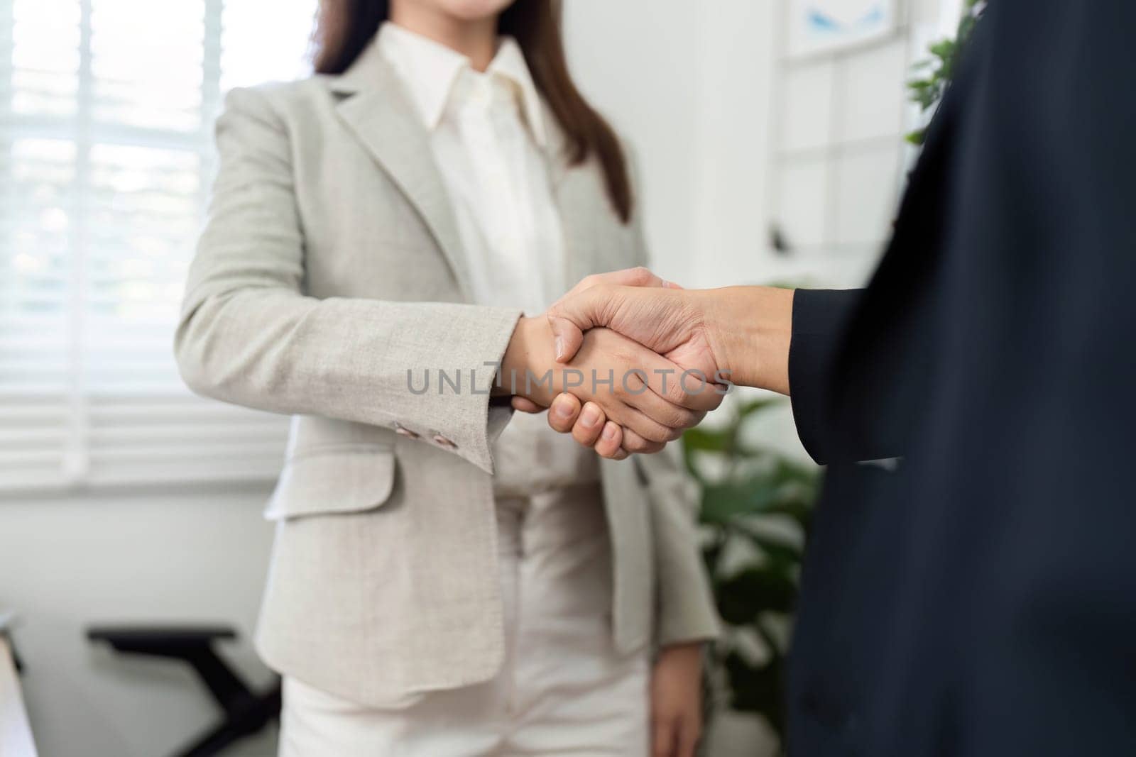 Two professionals engaging in a handshake, symbolizing agreement and collaboration in a financial context.