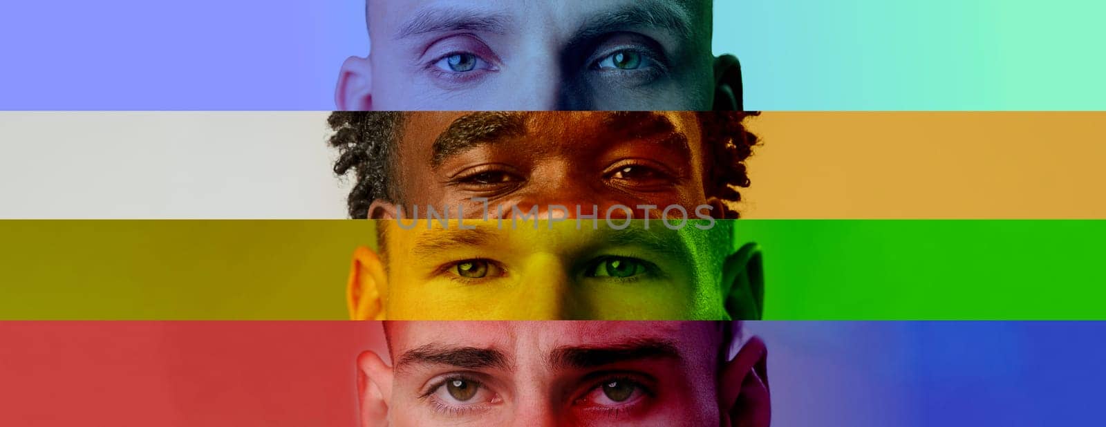 Four individuals are portrayed from the shoulders up, each highlighted with different vibrant color bands. Their varied expressions convey emotions of strength and solidarity.