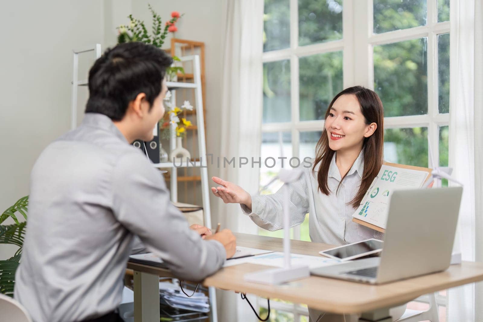 A businesswoman explains ESG concepts to a client during a meeting, highlighting sustainability and corporate responsibility.