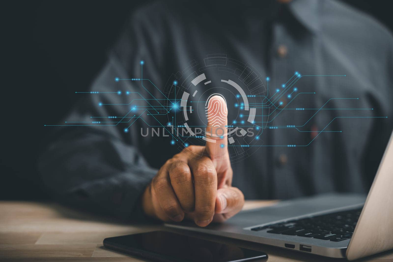 Securing your digital world with biometric identification and fingerprint scanning. Futuristic technology on screen providing access control and data privacy. Unlock future of information security.