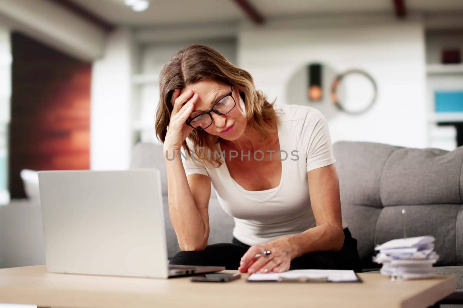 Stressed Accountant Woman Struggles With Tax Bill And Paperwork Pain.