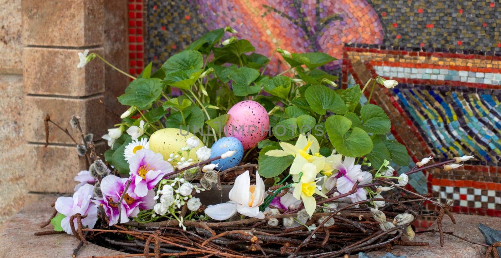 Easter decorations with colored eggs and other elements