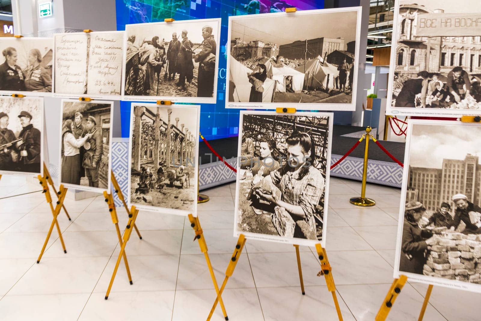 05.05.2025 - Minsk, Belarus. Large prints of photos themed second world war and soviet veterans on display.