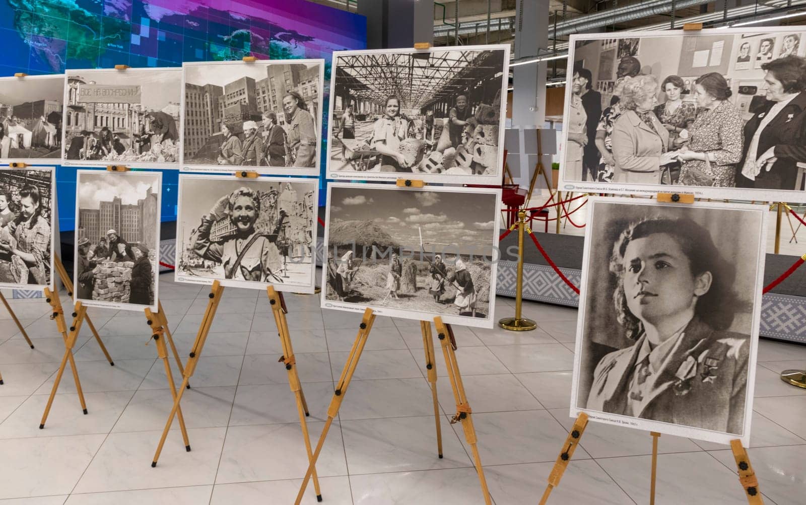 05.05.2025 - Minsk, Belarus. Large prints of photos themed second world war and soviet veterans on display.