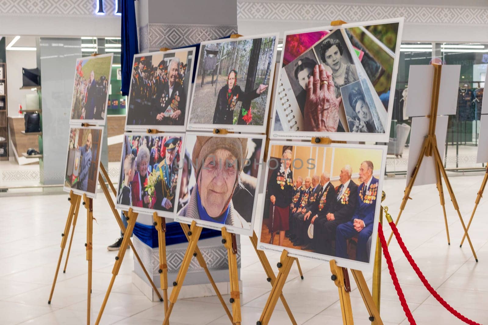 05.05.2025 - Minsk, Belarus. Large prints of photos themed second world war and soviet veterans on display.