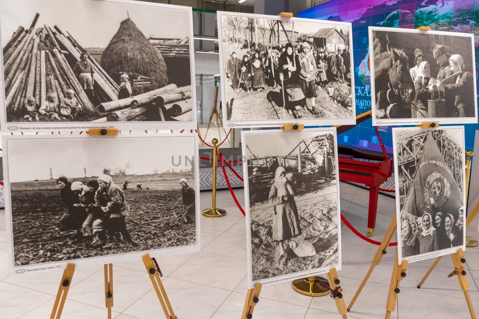05.05.2025 - Minsk, Belarus. Large prints of photos themed second world war and soviet veterans on display.