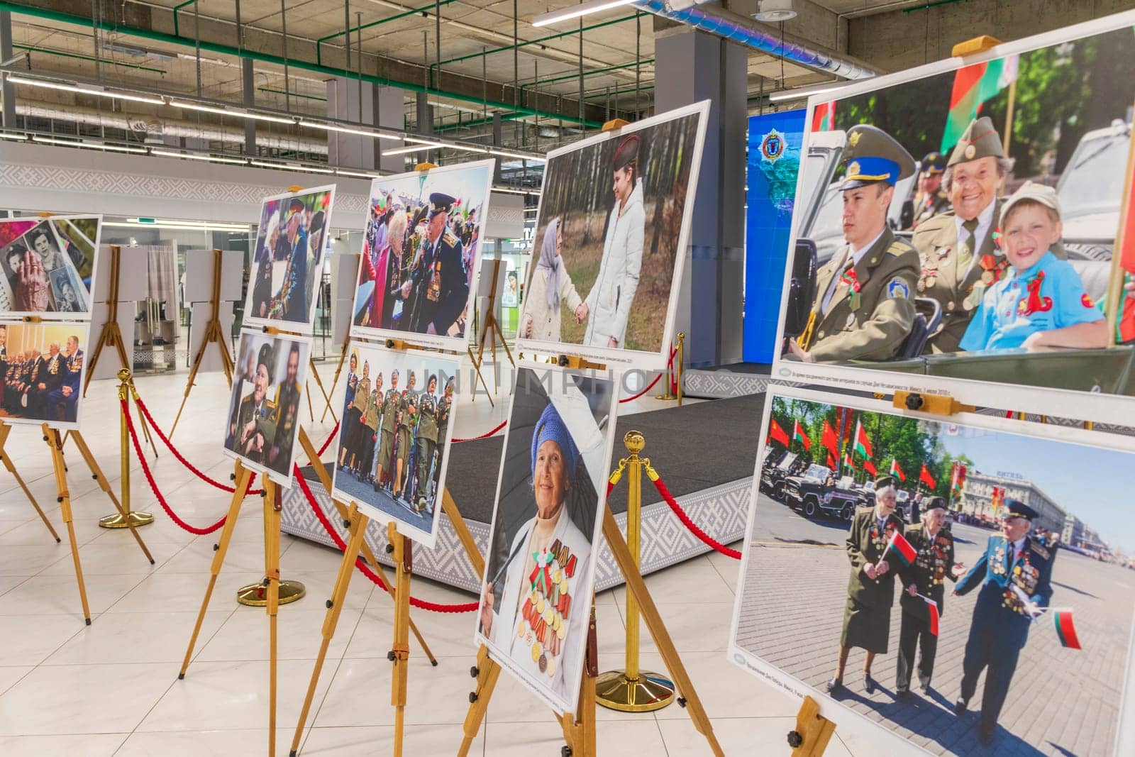 05.05.2025 - Minsk, Belarus. Large prints of photos themed second world war and soviet veterans on display.