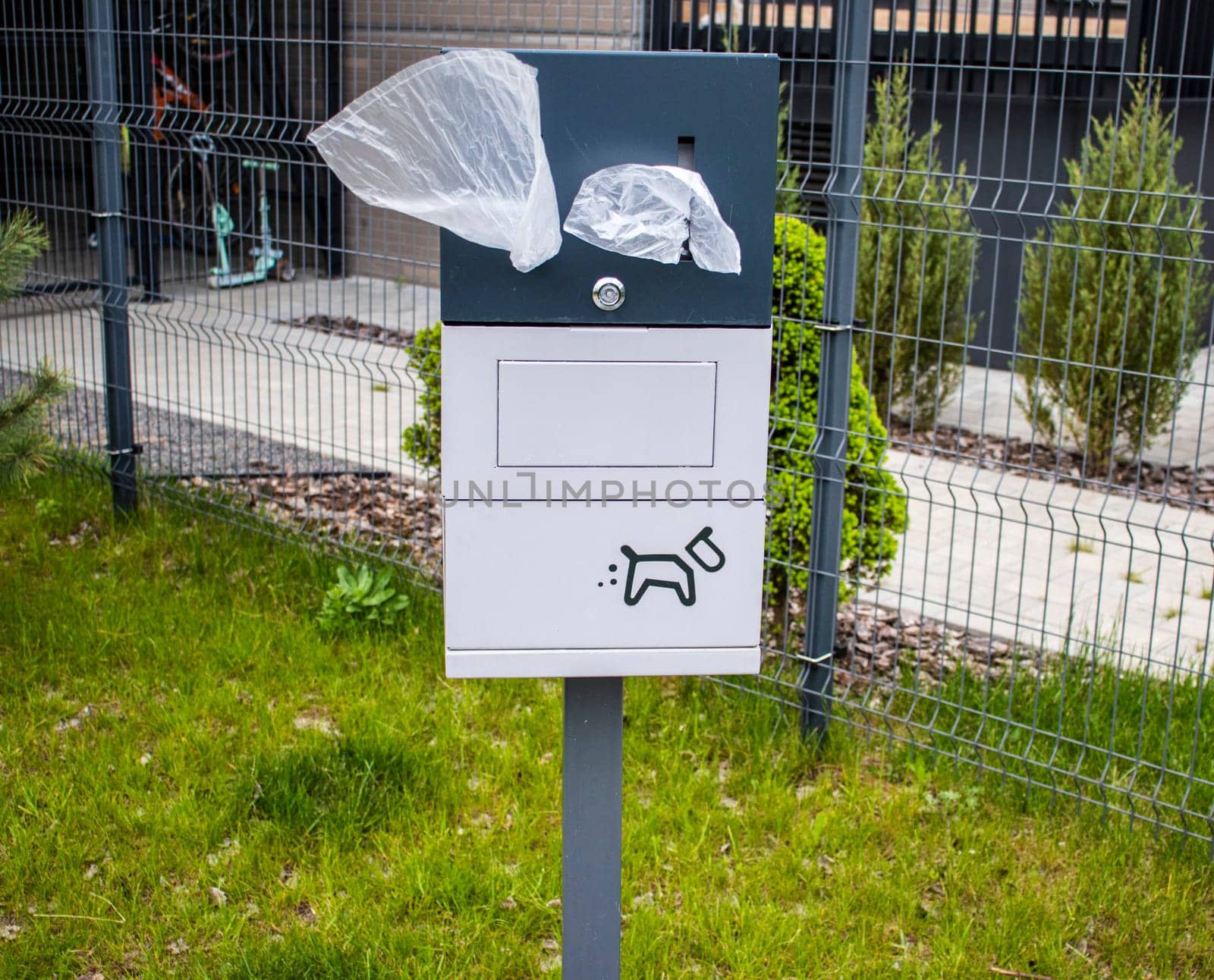 Close up shot of the box with single use plastic bags used for cleaning off pets excrement in the park