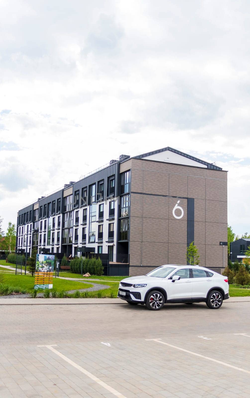 Shot of the stylish, modern, urban, residential suburb where buildings have ergonomic design and vivid colors