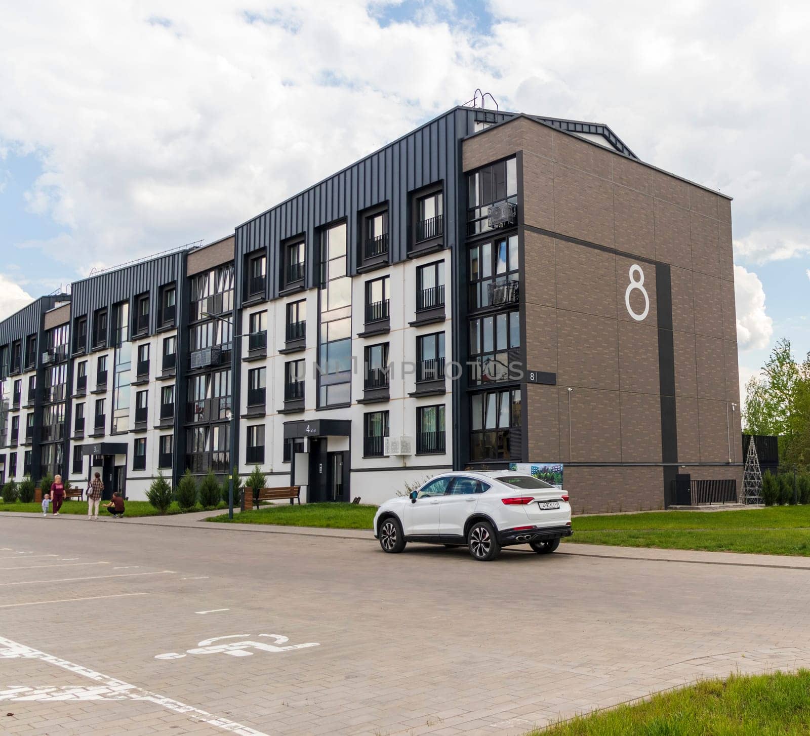 Shot of the stylish, modern, urban, residential suburb where buildings have ergonomic design and vivid colors