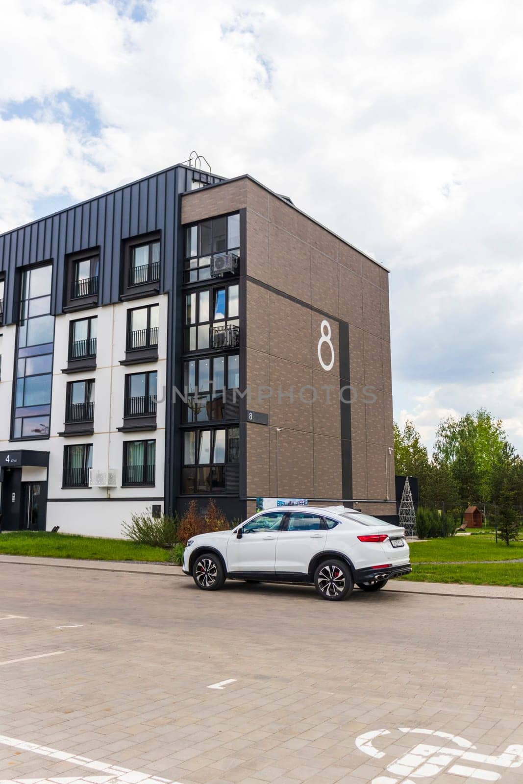 Shot of the stylish, modern, urban, residential suburb where buildings have ergonomic design and vivid colors
