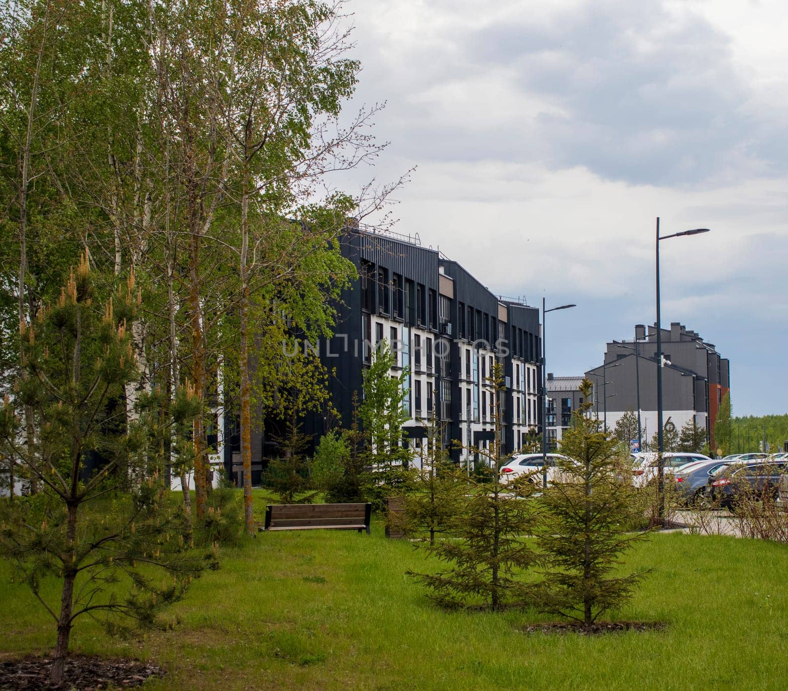 Shot of the stylish, modern, urban, residential suburb where buildings have ergonomic design and vivid colors