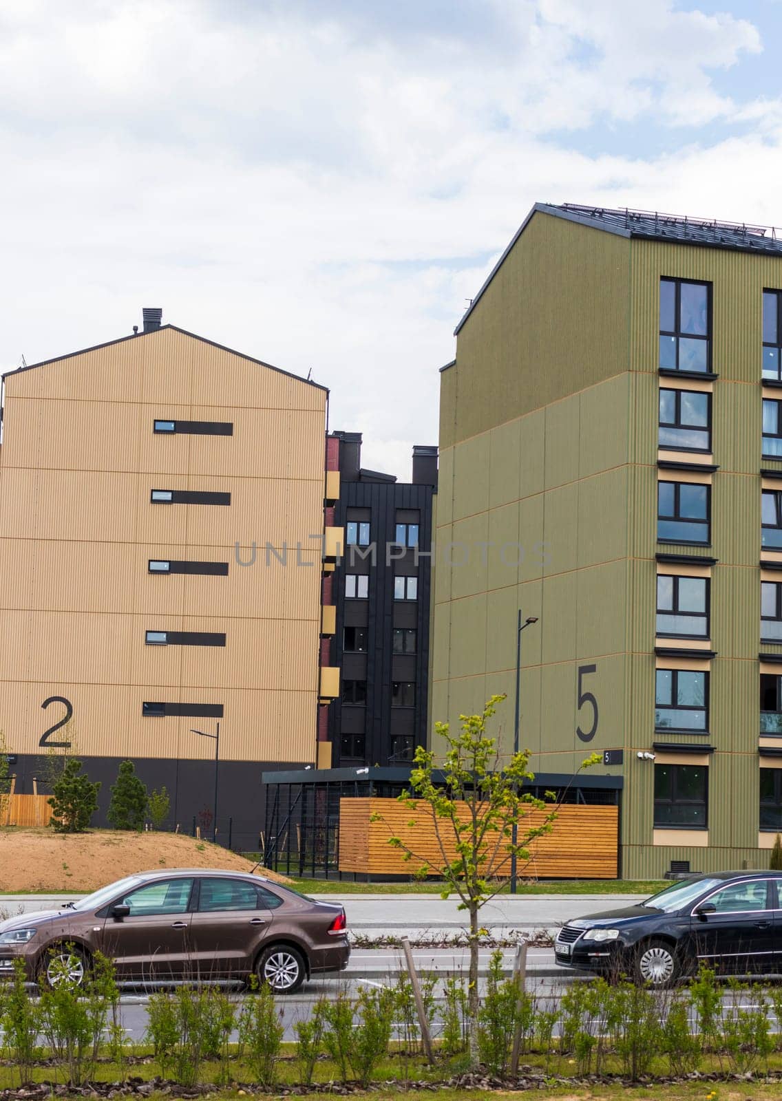 Shot of the stylish, modern, urban, residential suburb where buildings have ergonomic design and vivid colors