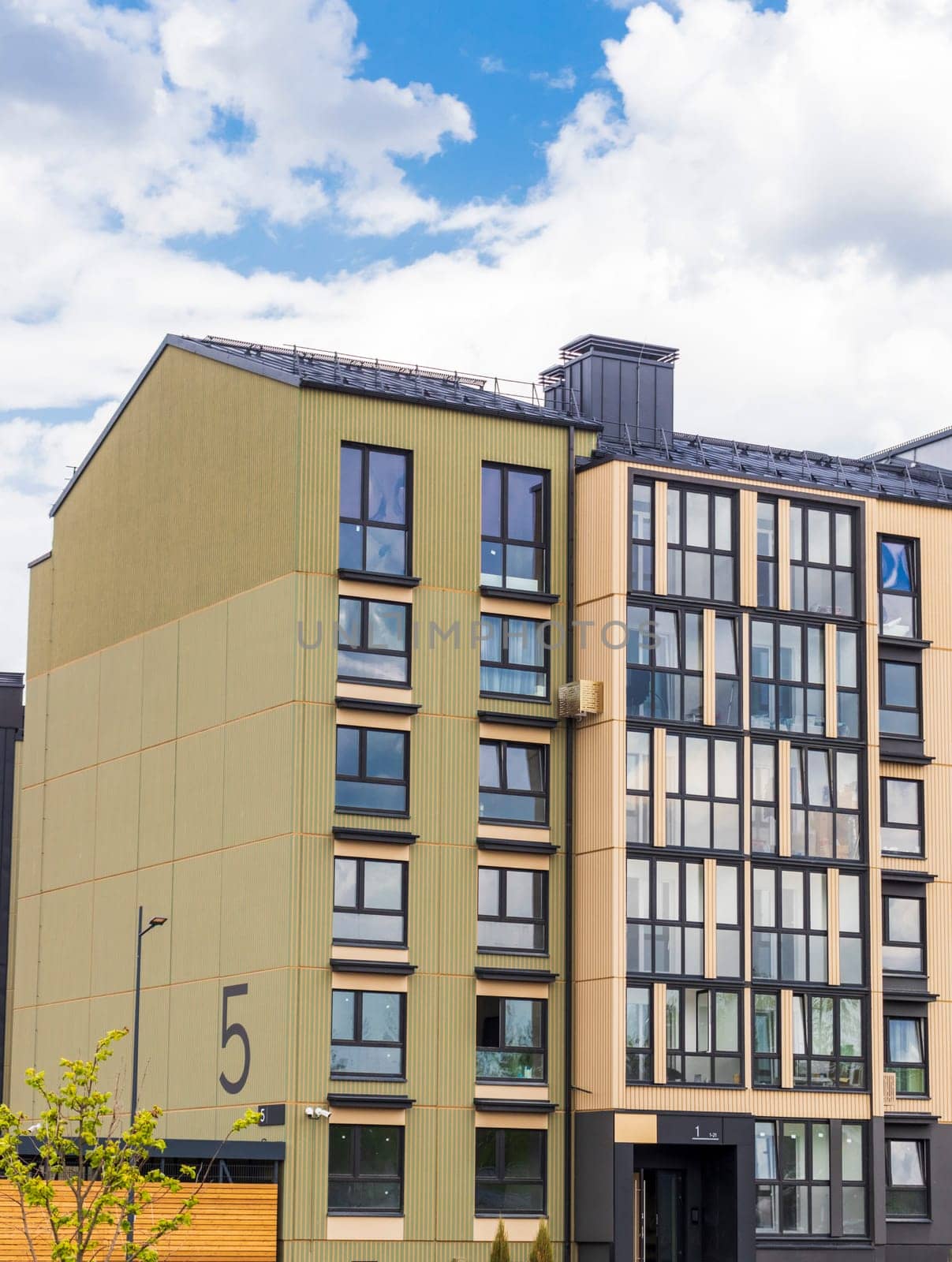 Shot of the stylish, modern, urban, residential suburb where buildings have ergonomic design and vivid colors