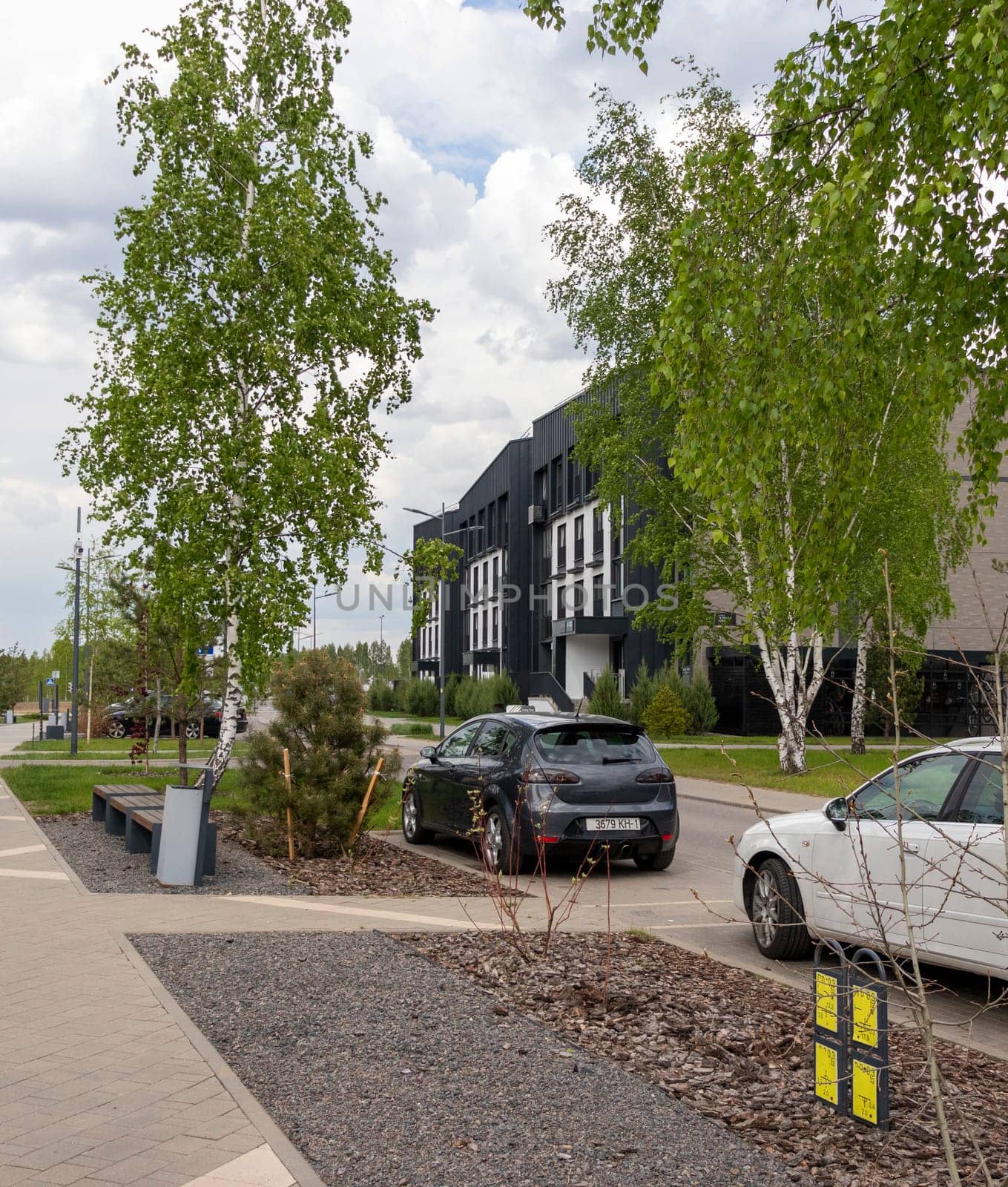 Shot of the stylish, modern, urban, residential suburb where buildings have ergonomic design and vivid colors