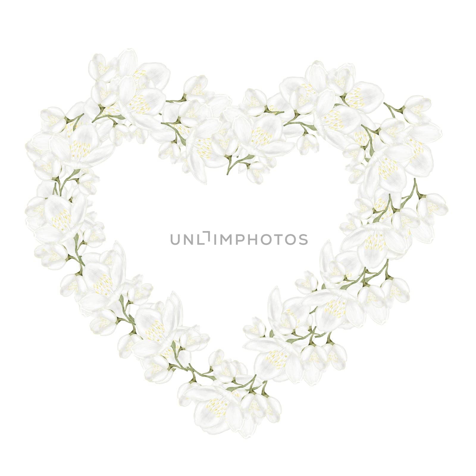 Jasmine white flower watercolor frame. Hand drawn bud delicate in the shape of a heart. Clip art botanical on white background. Ideal for logo of tea and aromatic products from jasmine. High quality illustration