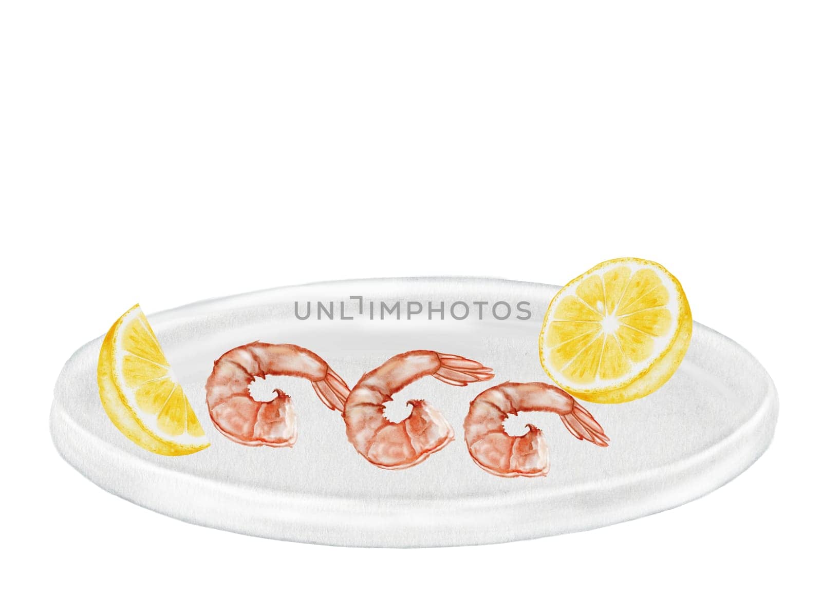 Shrimp and lemon on a plate watercolor. Hand drawn crustacean on isolated white background. Food clip art. Ideal for restaurant menus, product packaging and cookbook design. High quality illustration