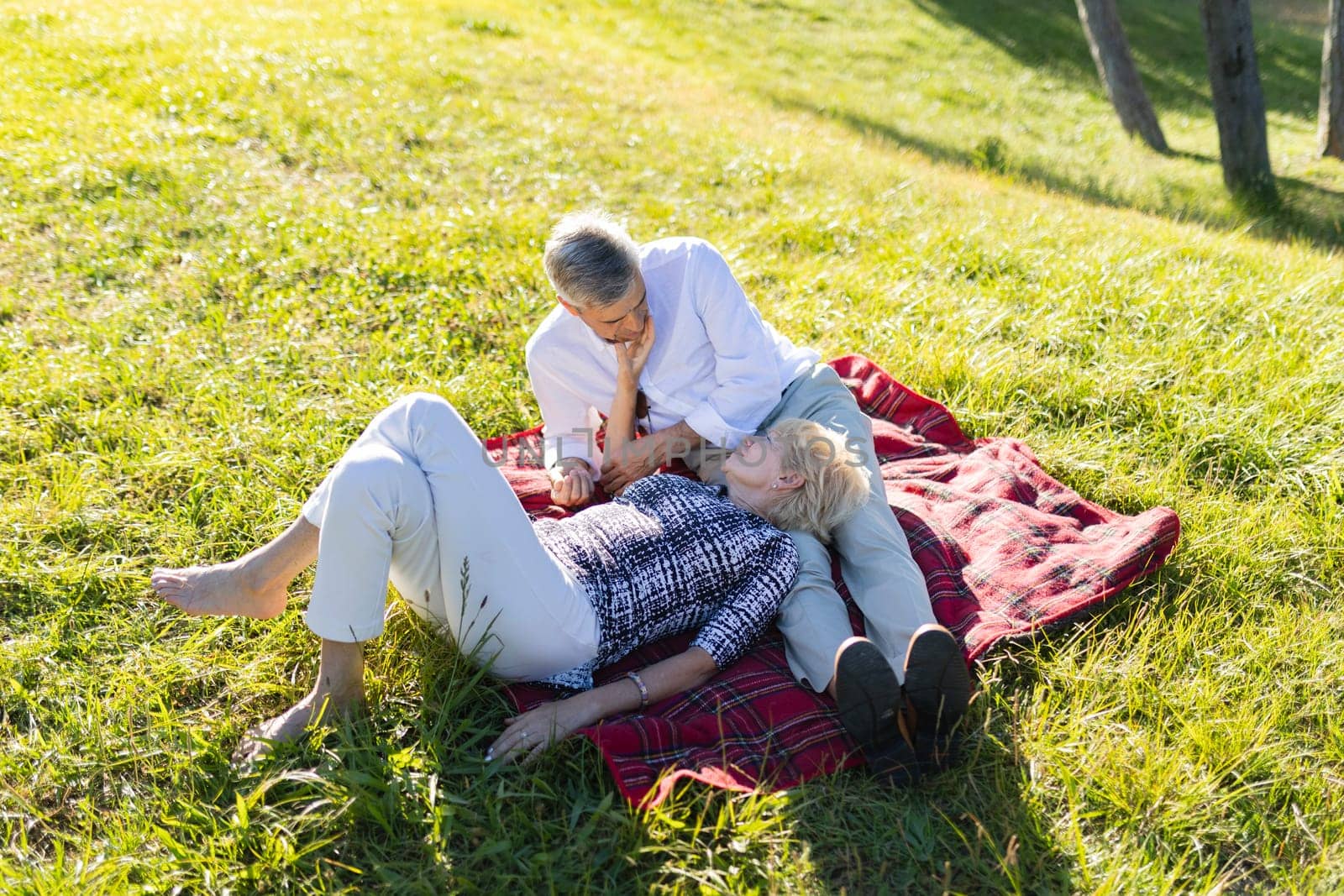 Romantic senior couple enjoying a relaxing summer picnic in a park, lying on a blanket on the grass