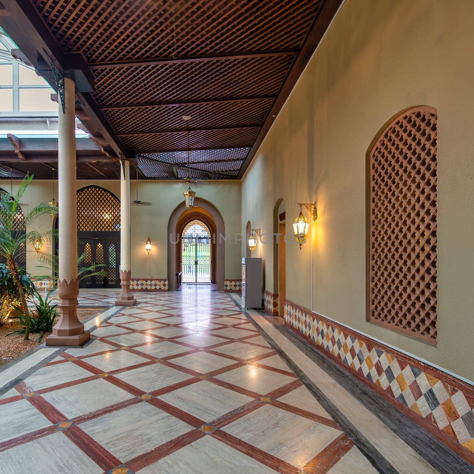 Ash Shaliheen Mosque, in Bandar Seri Begawan, features a beautifully designed interior with detailed tile work, elegant lighting, and serene surroundings, capturing the essence of Brunei's beauty