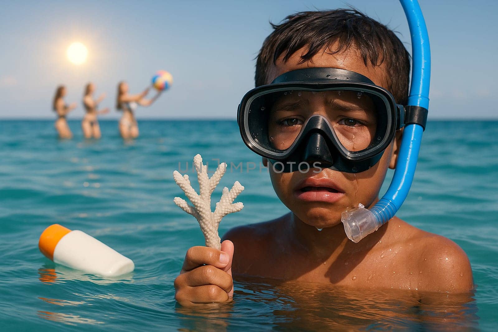 AI generated boy with tears in snorkel mask holding dead coral in ocean filled with sunscreen bottles symbolizing marine loss contrasted with careless beach fun