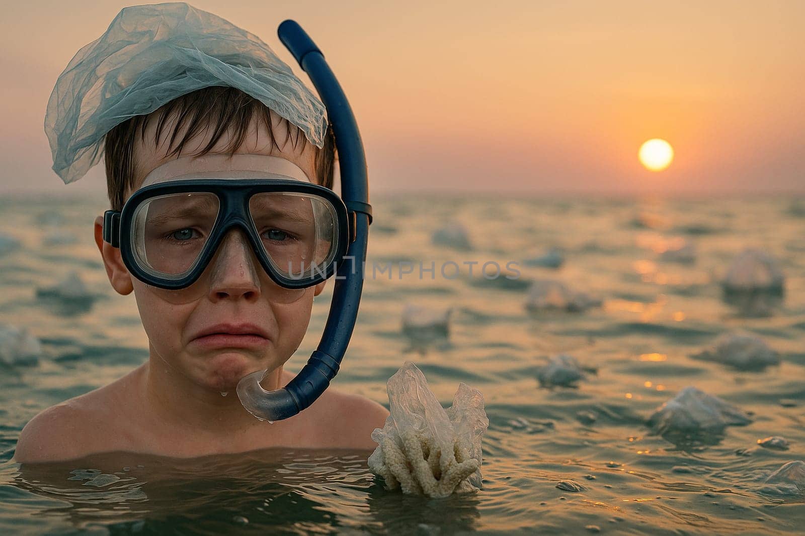 AI generated boy with tears in snorkel mask and plastic bag on head emerging from polluted sea under sunset sky symbolizing ocean crisis and emotional environmental impact