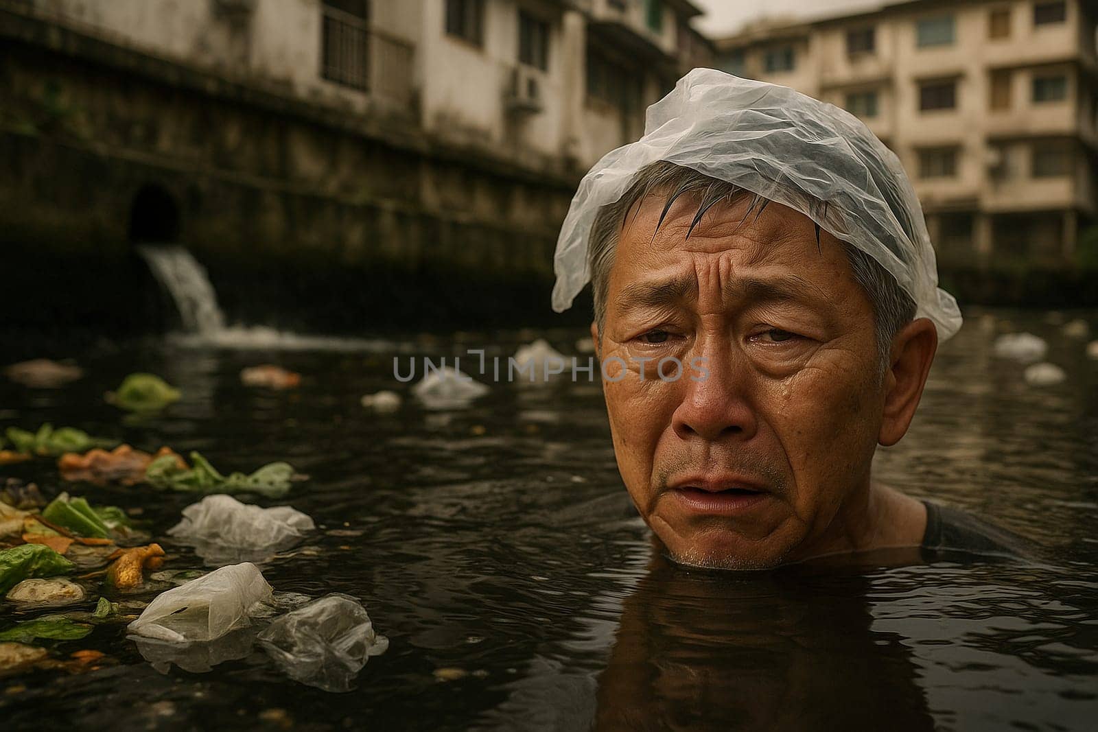 AI generated elderly Asian man with tears in dirty canal water plastic bag on head near polluted riverbank with waste and drainage pipe symbolizing water crisis