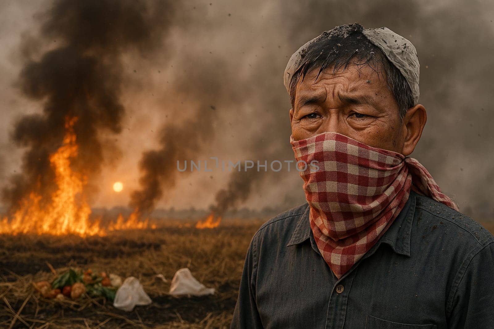 AI generated elderly Asian farmer crying with tears in dry burning grass field ash on head and shoulders smoky polluted air background environmental crisis