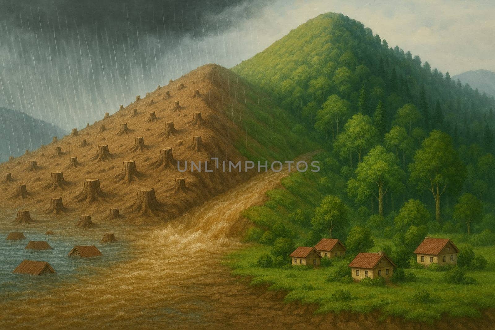 AI generated contrast of deforested mountain with flooded village and lush forest with peaceful homes under heavy rain