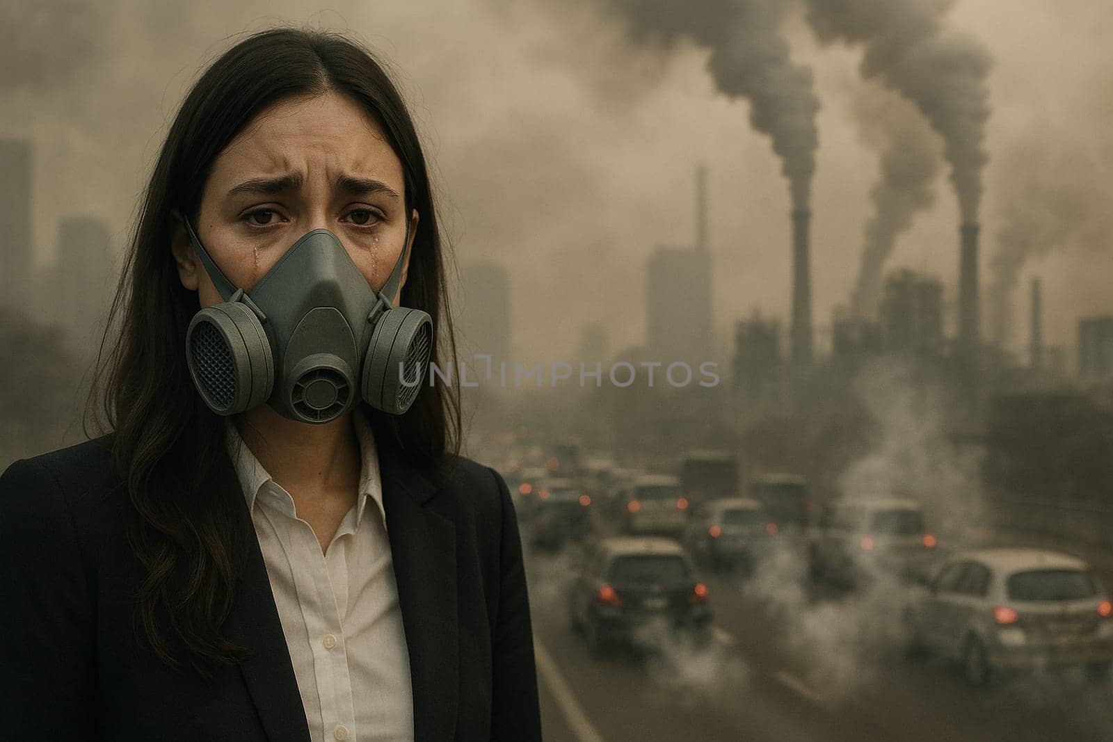 AI generated woman in suit crying with mask on polluted street full of cars and factory smoke dark sky filled with toxic fumes urban air pollution health hazard