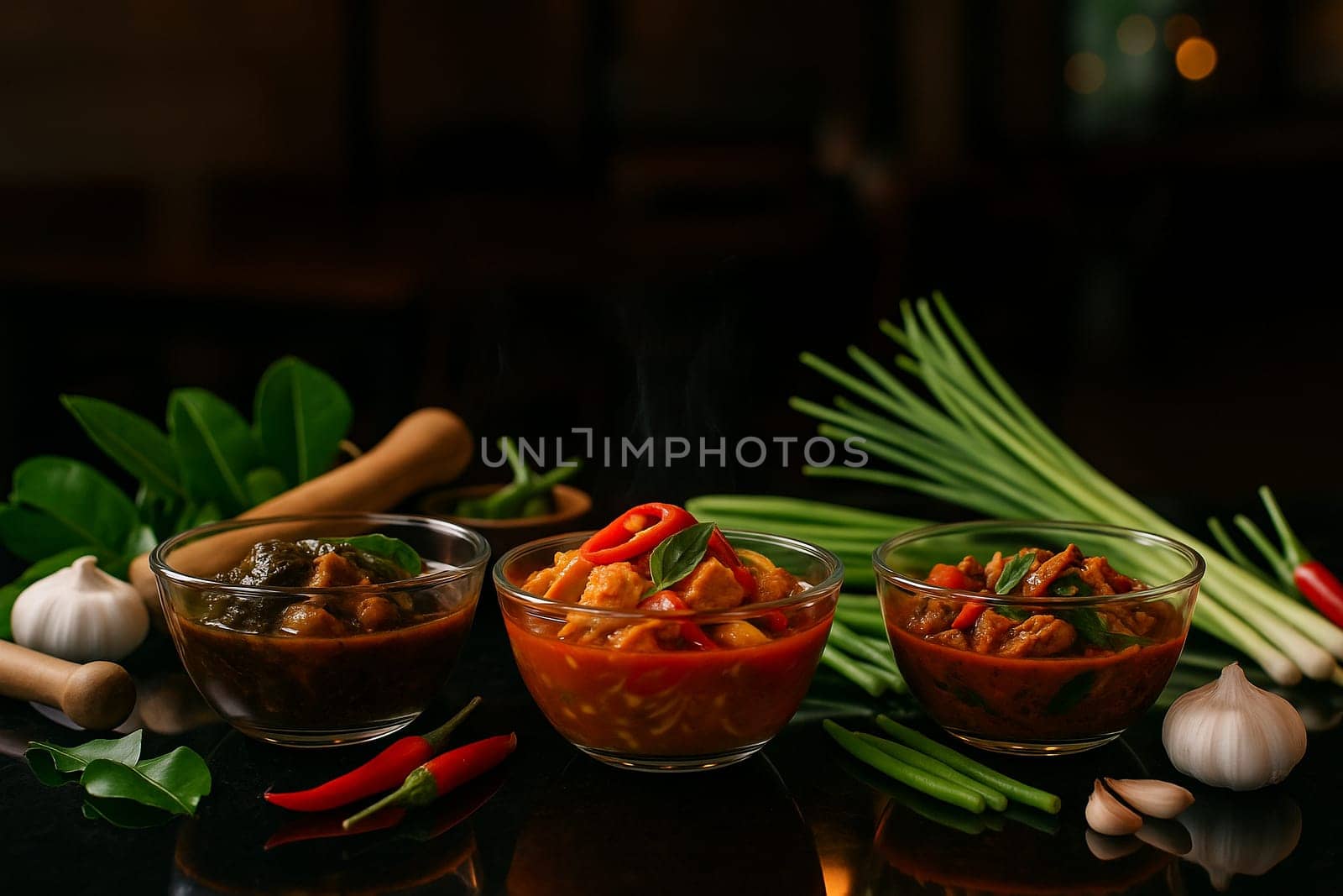 AI generated local Thai food featuring gaengmoochamuang gaengpa and padped served hot in glass bowls on glossy black table under dramatic lighting