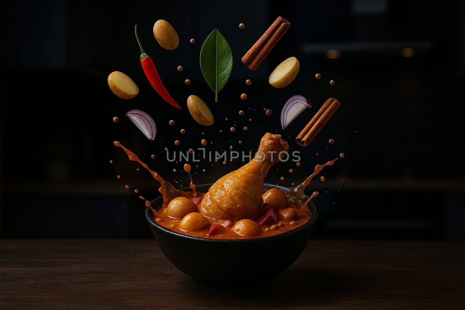 AI generated image of massaman chicken curry with flying ingredients bursting from a bowl in a dimly lit modern kitchen