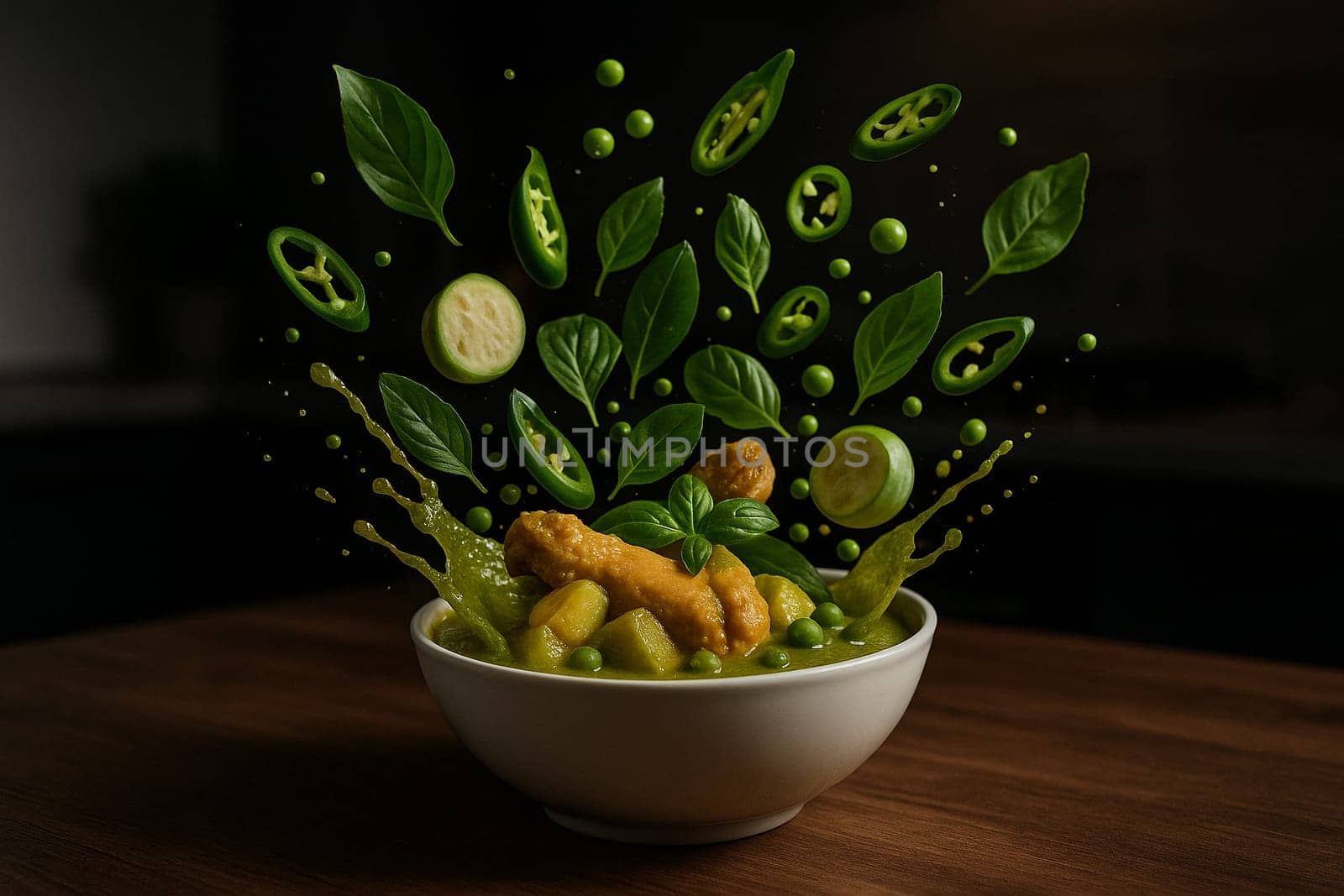 AI generated image of green curry with ingredients bursting midair from a bowl in a low light modern kitchen