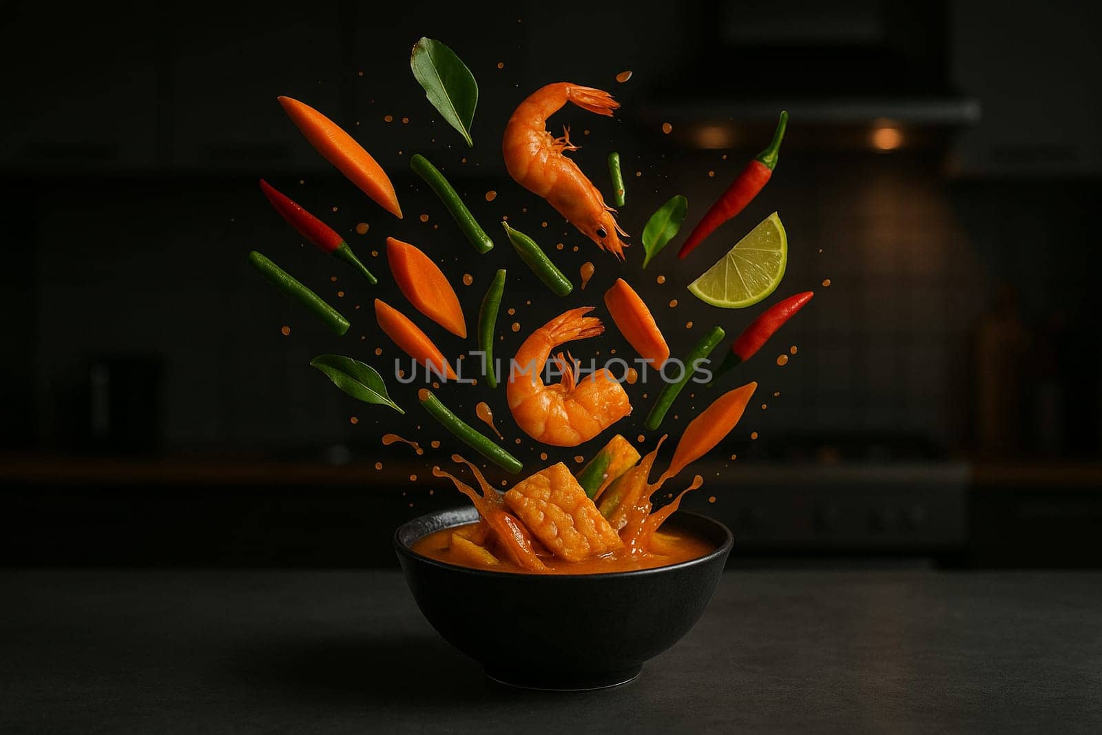 AI generated image of sour curry ingredients bursting from a bowl in a sleek modern kitchen with dim atmospheric lighting