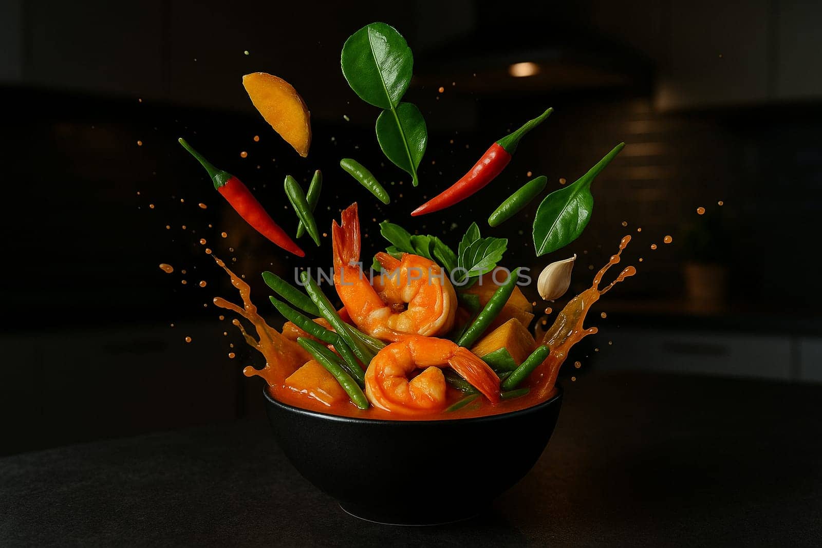 AI generated image of sour curry ingredients bursting from a bowl in a sleek modern kitchen with dim atmospheric lighting