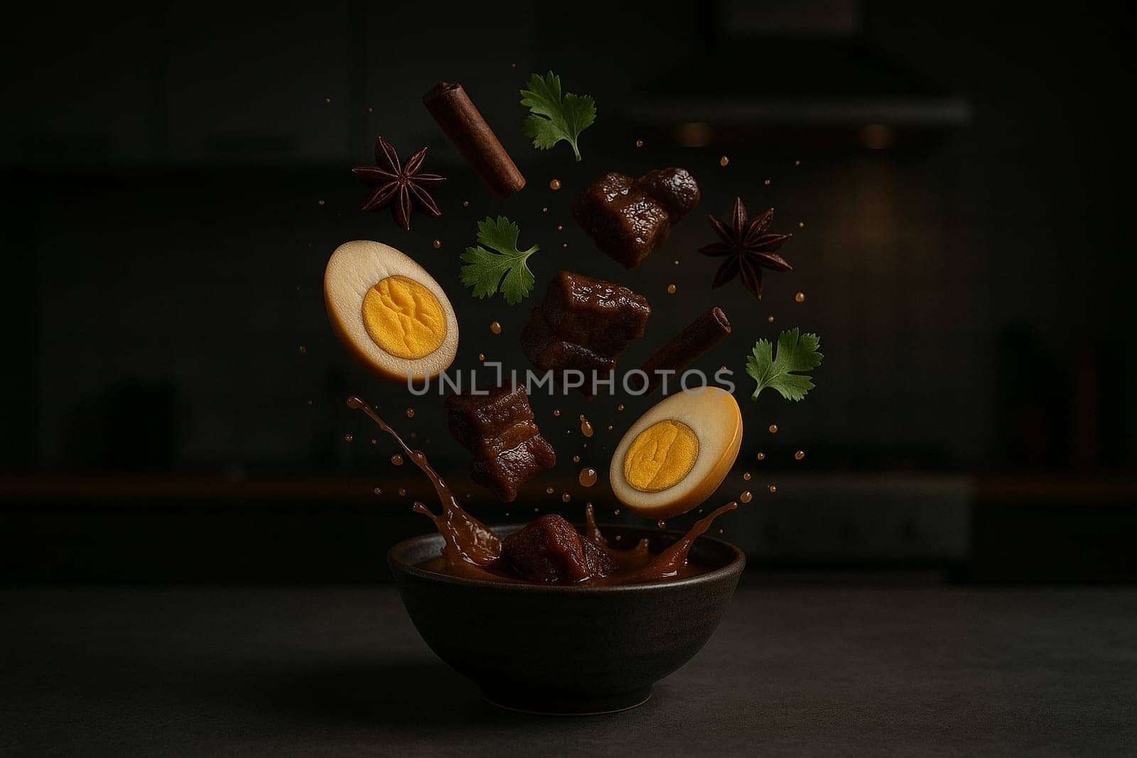 AI generated image of braised egg ingredients bursting from a bowl in a modern kitchen with dark moody lighting and reflective surfaces