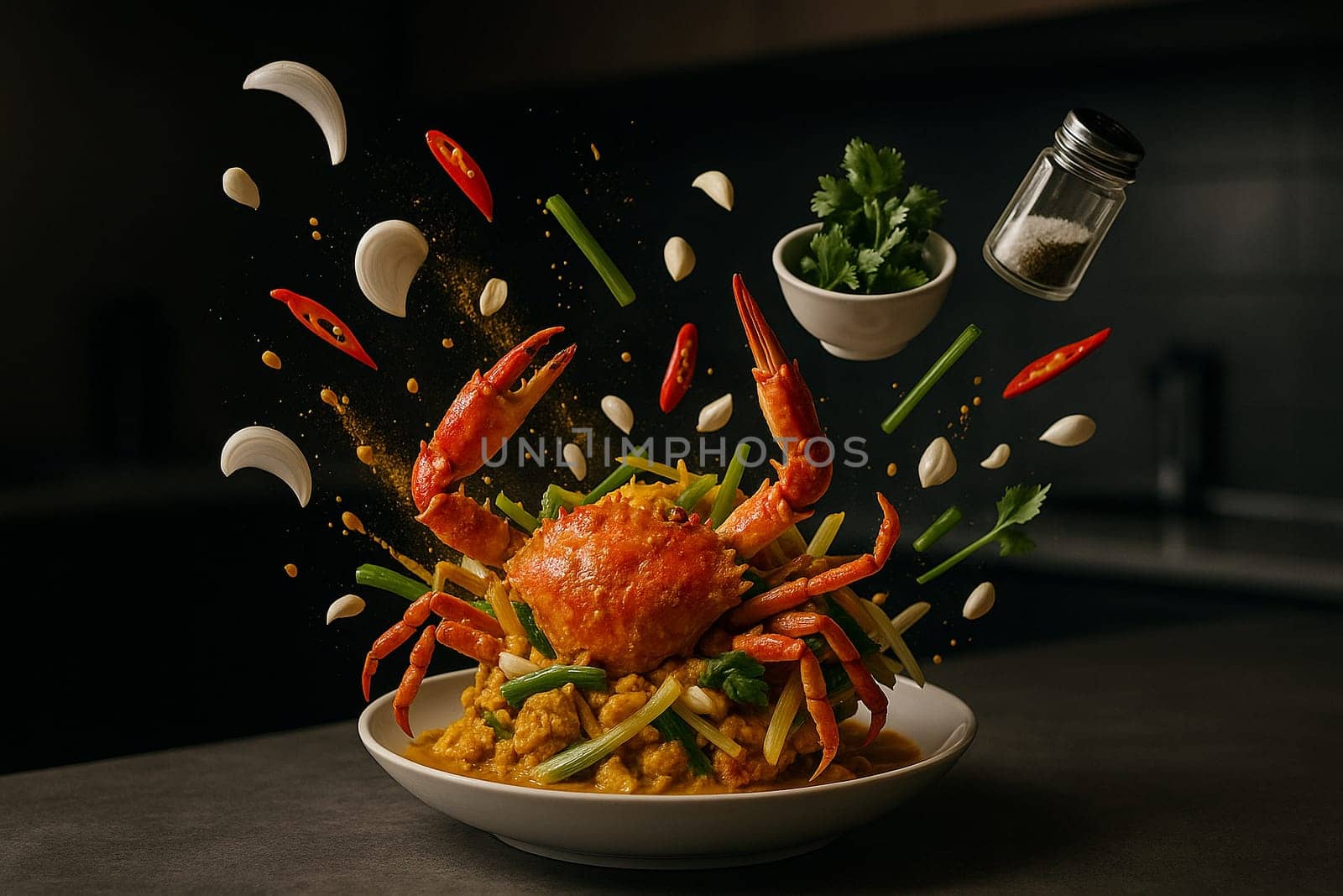 AI generated image showing crab curry powder ingredients bursting from a bowl in a sleek low light modern kitchen with reflective surfaces and dynamic motion
