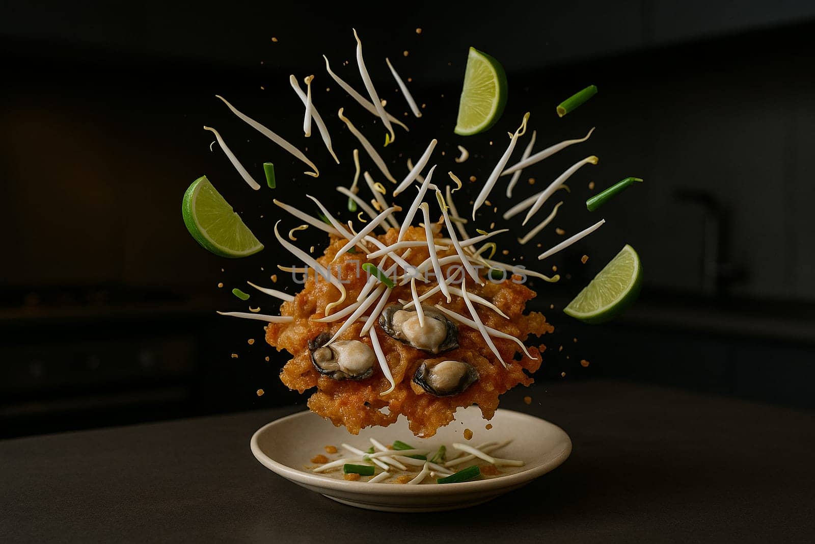 AI generated image of thai crispy oyster omelette ingredients exploding in a modern kitchen with low light