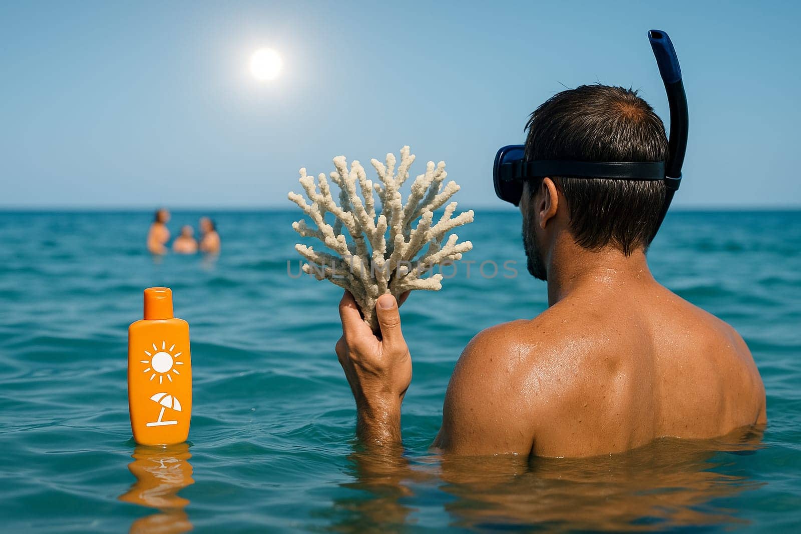 AI generated image of a man snorkeling in the sea holding a dead coral with floating sunscreen bottle in foreground and distant swimmers under bright summer sun