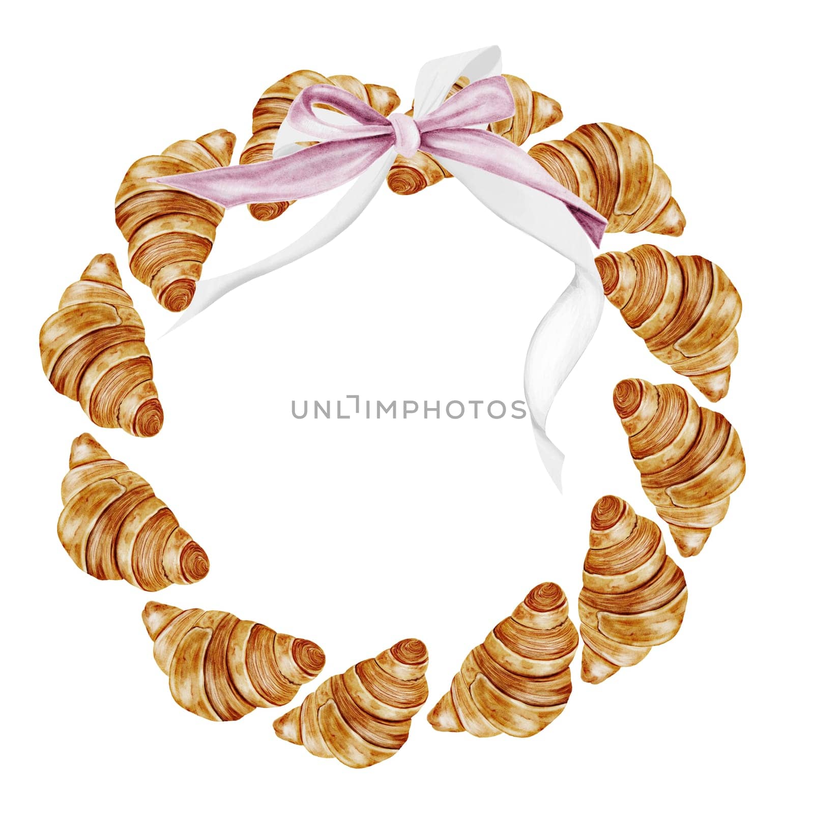 Croissant watercolor frame. Hand drawn fresh french bun with a bow. Food clip art. Ideal for bakery prints, postcards and pastry shop posters. High quality illustration