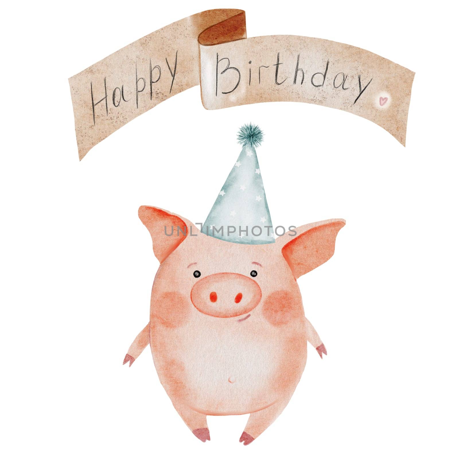 Little cute pig watercolor with the inscription happy birthday drawing. Hand drawn illustration of piglet in a party hat on white background. Clip art of cute farm animal character. Ideal for stickers, cards and baby educational cards. High quality photo