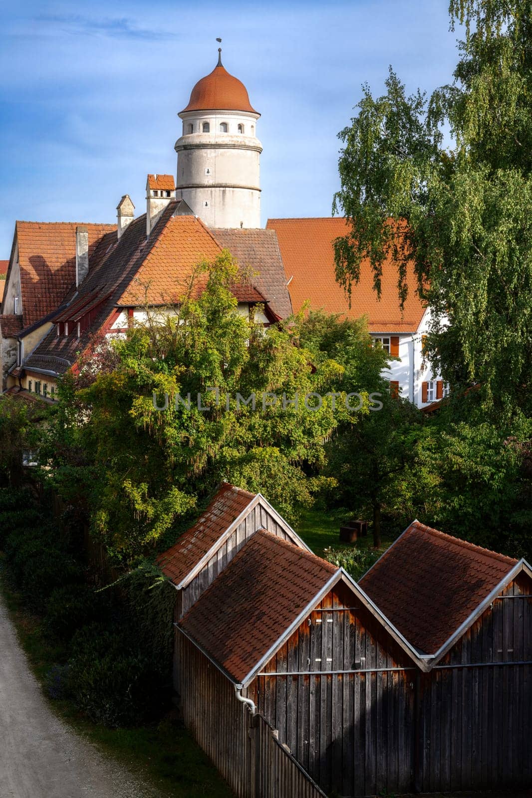 Historic old town of Noerdlingen with the city gate called Loepsinger Tor