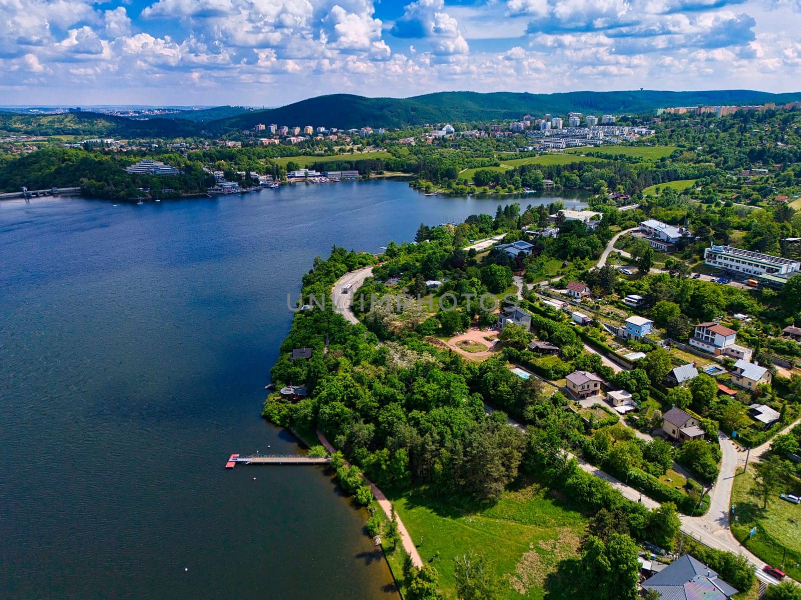 Beautiful landscape shot with nature and water from the top from a drone. Brno Dam, Czech Republic-Europe