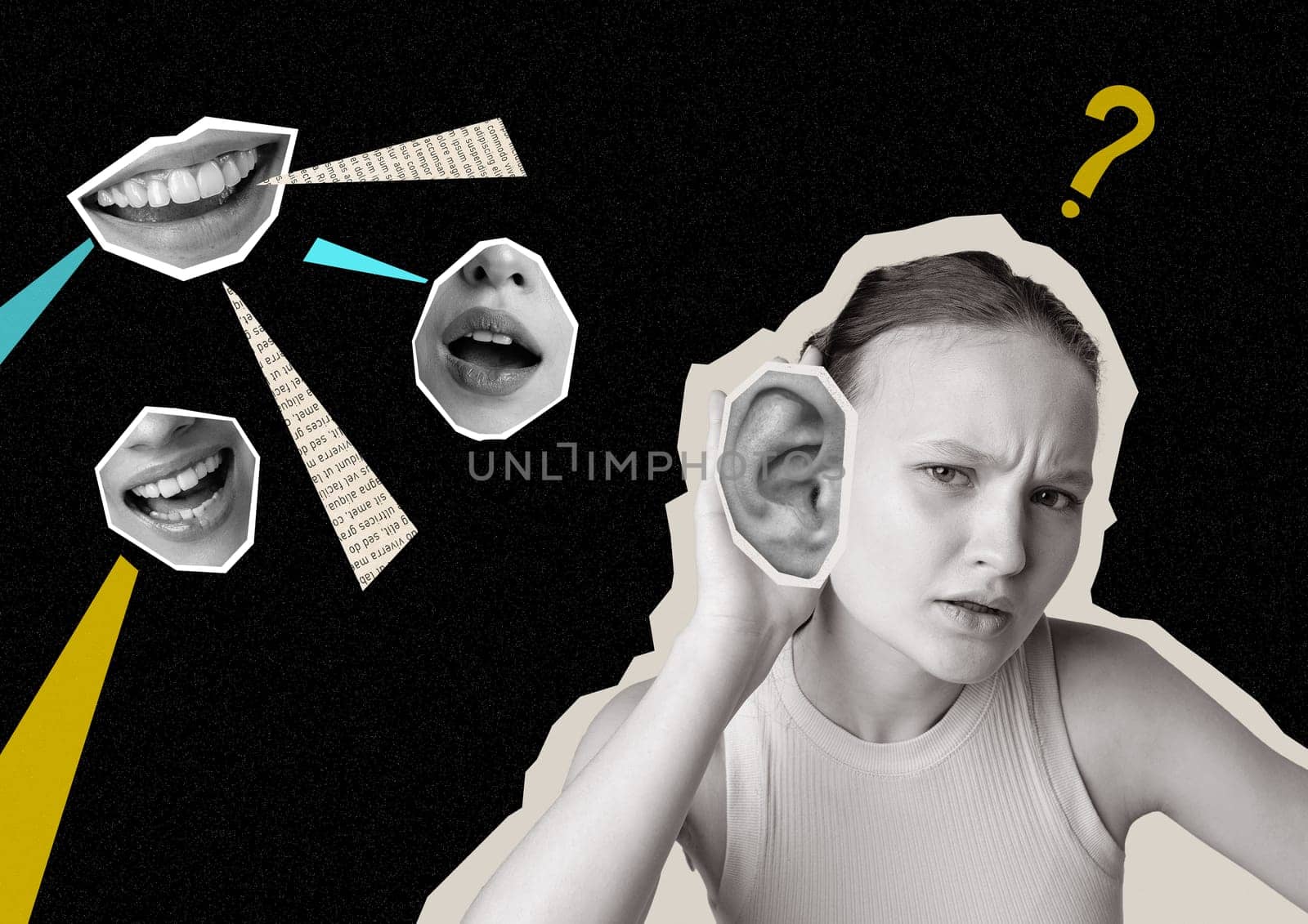 A girl with a questioning expression is depicted listening intently. Various stylized mouths illustrate the voices around her, highlighting the theme of communication and understanding.