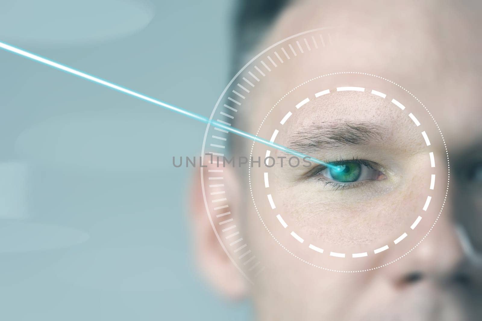 A focused beam of light targets a human eye as part of a vision correction procedure in a modern clinical environment. This showcases innovative technology in eye care.