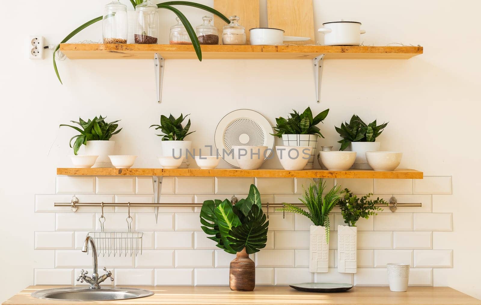 Stylish scandinavian open space with kitchen accessories and plants