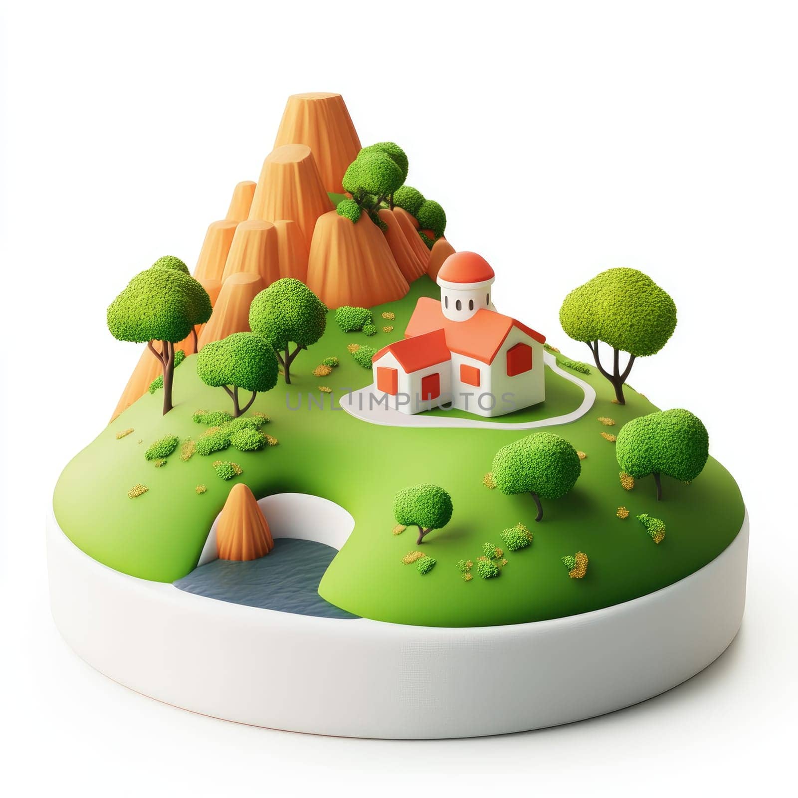 Whimsical, three-dimensional miniature of an island setting with a small church nestled in a valley between mountains and trees. A pond reflects the surrounding structures.